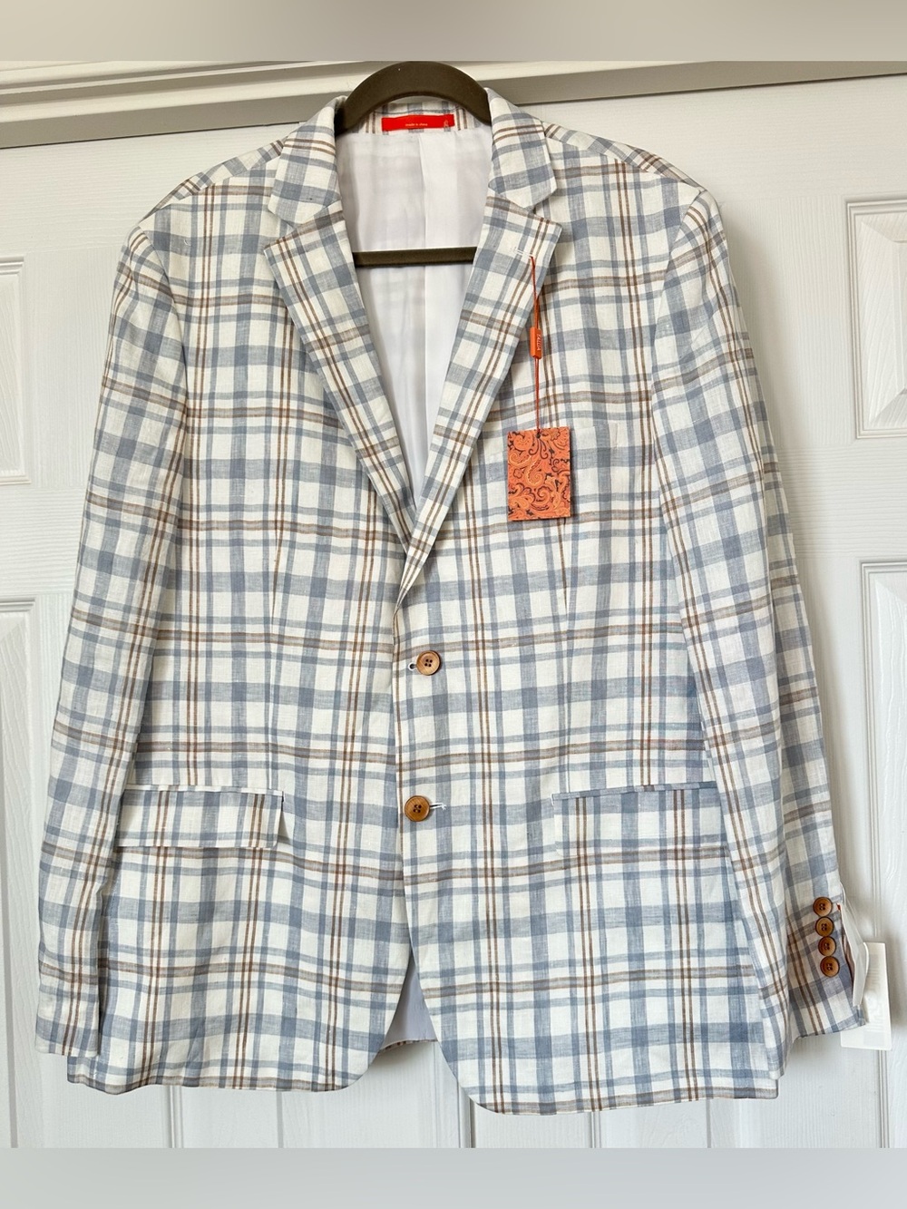 Tallia Orange 100% Linen Plaid Blazer 42R